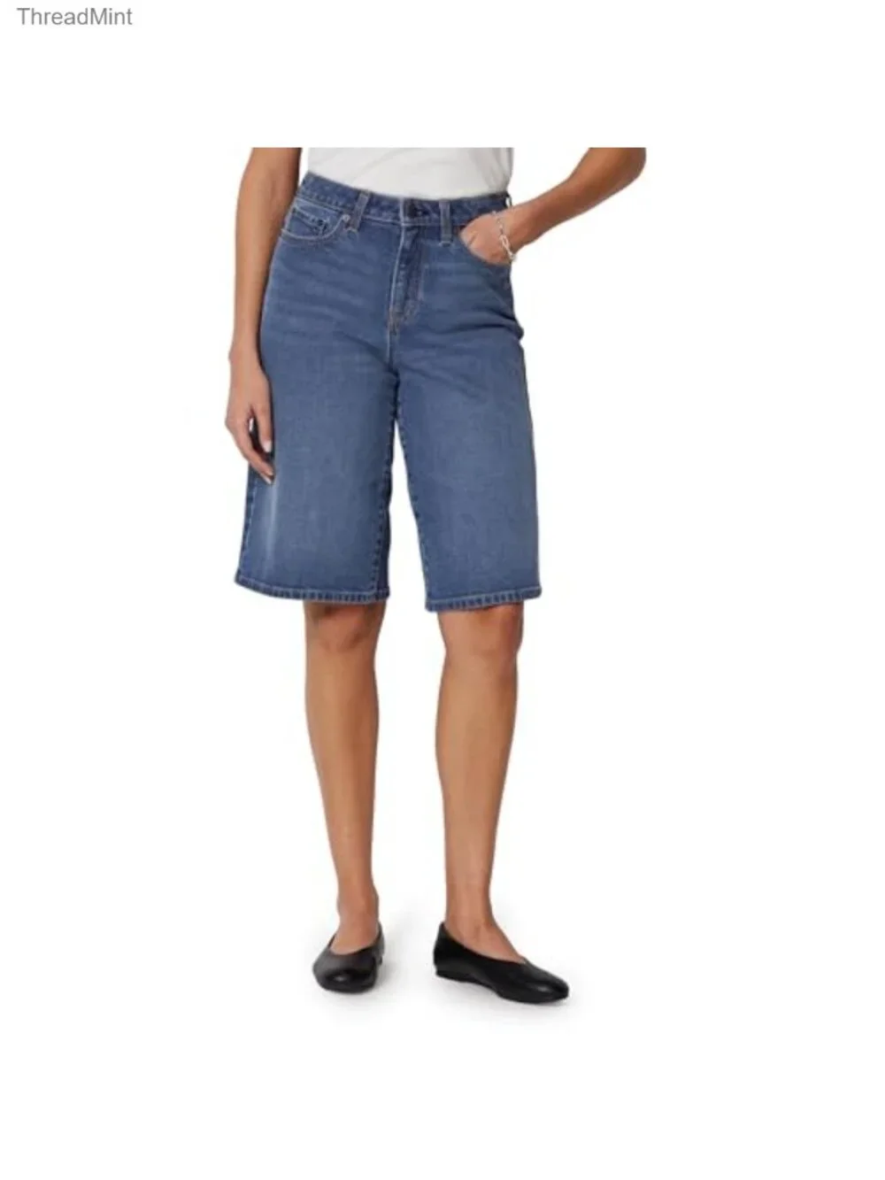 Women's Mid-Rise Relaxed Fit Long Jean Shorts Bermuda Denim 5-Pocket Stretch